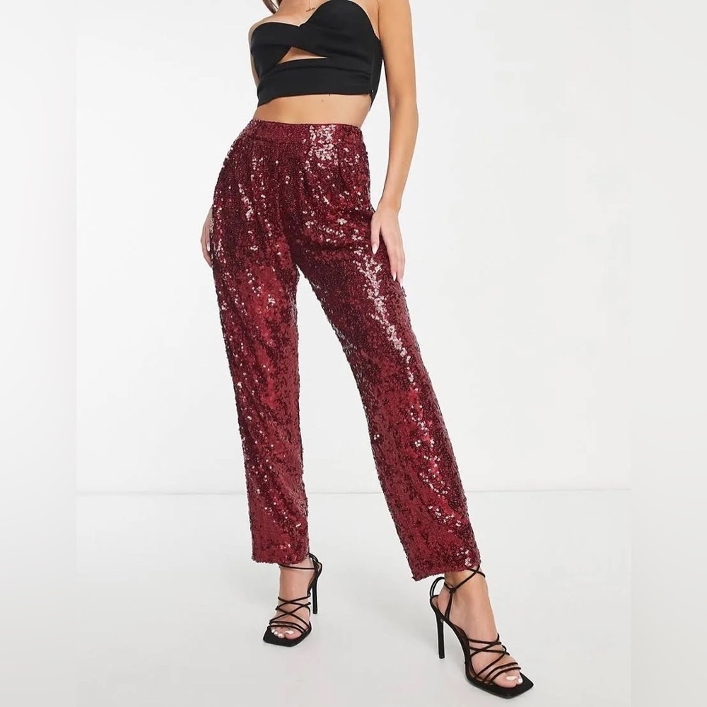 ASOS Design Sequin Slouchy Pants in Ruby-Red